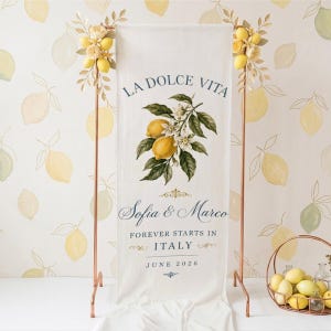 Italian Lemon Wedding Linen Sign, La Dolce Vita Banner, Amalfi Coast Wedding Decor, Personalized Welcome Sign, Citrus Bridal Shower