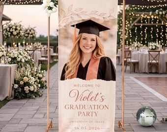Personalized Graduation Photo Linen Banner, Custom Grad Party Welcome Sign