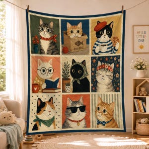 Cute Cat Patchwork Blanket, Vintage Cat Lover Throw, Whimsical Kitty Quilt, Cozy Cottagecore Pet Gift
