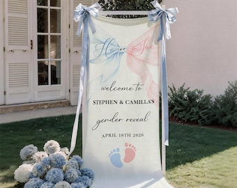 Gender Reveal Linen Sign, He or She Baby Shower Welcome Banner