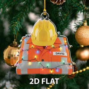 Personalized Construction Worker 2D FLAT Ornament, Custom Hard Hat Safety Vest Christmas Gift, Builder, Engineer, Contractor Holiday Decor