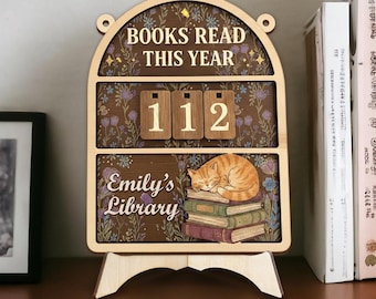 Gepersonaliseerde houten leestracker, bord met kat dit jaar gelezen boeken, aangepaste naam bibliotheekdecor, cadeau boekenliefhebber