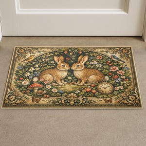 May include: Rectangular doormat featuring two brown rabbits nose to nose in a garden scene. The mat has a vintage aesthetic with floral and fauna elements, including birds, butterflies, and a pocket watch. The border is a detailed, ornate design.