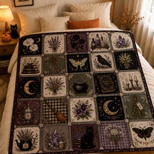 Gothic Witch Quilt Blanket, Dark Cottagecore Throw, Lavender Moon Raven Patchwork Quilt, Botanical Magic Bedding, Witchy Gift