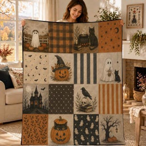 Halloween Ghost Quilt Blanket, Spooky Patchwork Throw, Black Cat Pumpkin Cottagecore Blanket