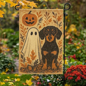 Dackel Halloween Garten Flagge, Geist Hund Hof Dekor, Herbst Kürbis Outdoor Banner, gruselige niedliche Herbst Haustier Liebhaber Dekoration