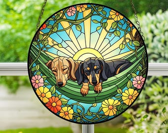 Couple dachshund Glass Suncatcher, Dachshund Mom Window Hanging, Wiener Dog Sun Catcher, Pet Lover Gift, Sausage Dog Home Decor