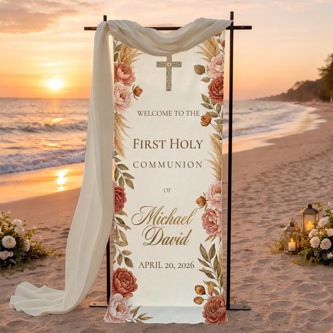 Custom First Holy Communion Linen Sign, Floral Religious Welcome Banner ...