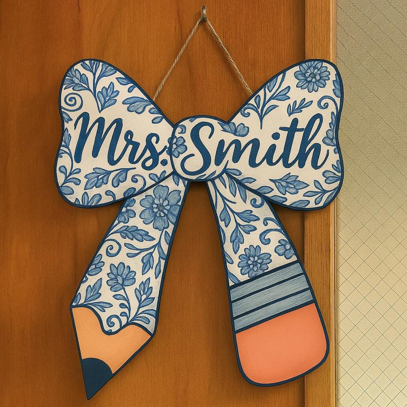 Chinoiserie Teacher Door Sign, Personalized Pencil Bow Wooden Hanger, Custom Classroom Decor, Back to School Gift for Teacher, Class Sign