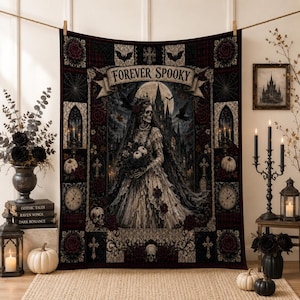 May include: A rectangular wall tapestry featuring a central illustration of a skeleton bride in a gown holding a bouquet, surrounded by gothic architecture, bats, and roses. The text FOREVER SPOOKY is printed on a banner above the figure.