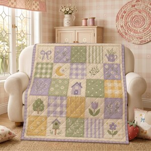 May include: A patchwork quilt featuring a grid of squares with various patterns and motifs, including a purple bow, a watering can, a yellow crescent moon, a small house, a tree, a tulip, a birdhouse, and floral designs in pastel shades.