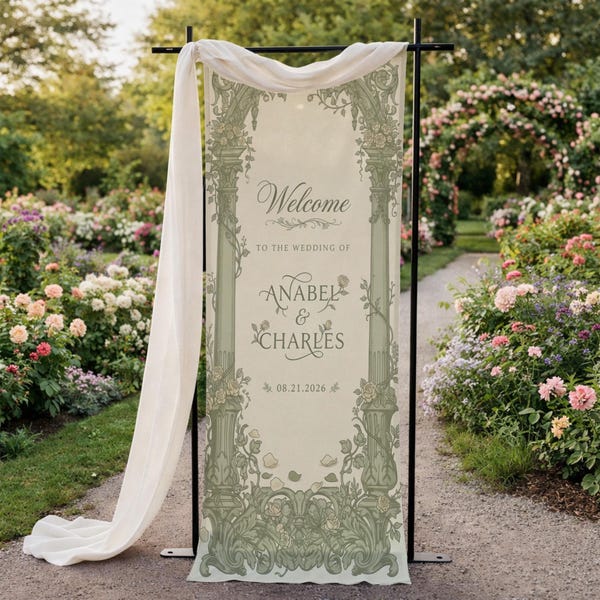 Personalized Linen Wedding Welcome Sign, Vintage Arch Garden Ceremony Decor