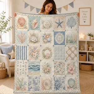 Coastal Beach Quilt Blanket, Nautical Ocean Throw, Seashell Patchwork Quilt, Cottage Beach House Bedding, Coastal Decor Gift