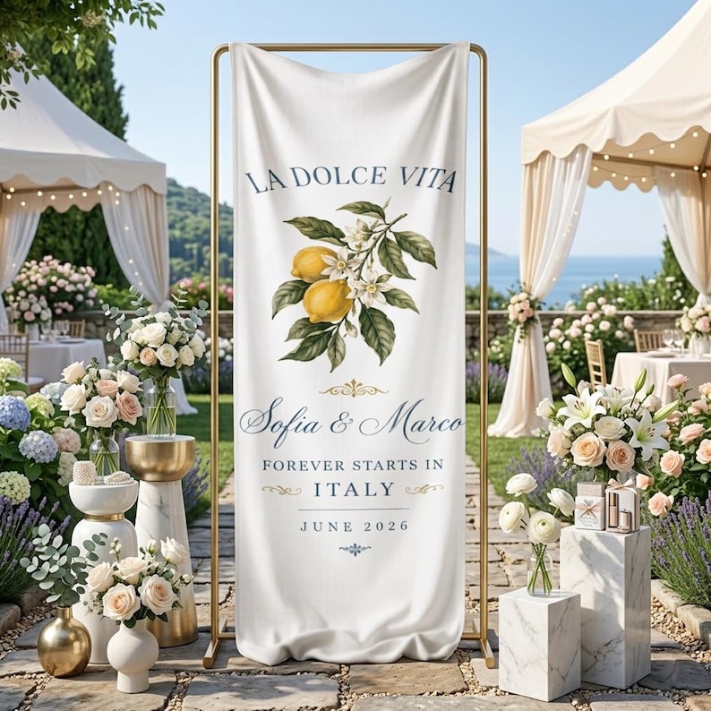 Italian Lemon Wedding Linen Sign, La Dolce Vita Banner, Amalfi Coast Wedding Decor, Personalized Welcome Sign, Citrus Bridal Shower