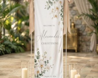 Personalized Christening Linen Sign, Baptism Welcome Banner, Floral Baby Shower Decoration