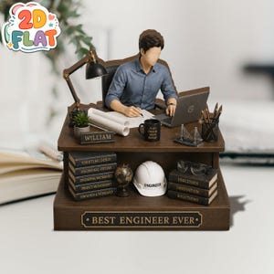May include: A desk figurine featuring a faceless person in a blue shirt working on a laptop. The desk includes a lamp, a nameplate reading WILLIAM, a mug, books titled Structural Design and Engineering, a globe, a white hard hat, and glasses.