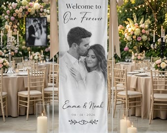 Personalized Linen Wedding Welcome Sign, Custom Photo Banner, Couple Portrait Decor