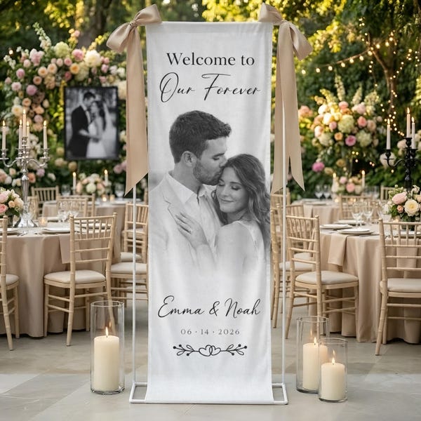 Letrero de bienvenida de boda personalizado en lino, pancarta fotográfica personalizada, decoración para retratos de pareja.
