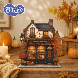 Plateau à étages style librairie d'automne, décoration automnale pour librairie, objet décoratif chaleureux à poser sur une étagère, décoration rustique pour coin lecture