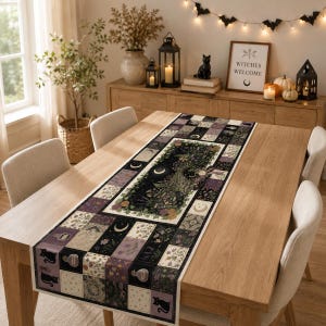 Halloween Table Runner, Gothic Witchy Dining Decor, Black Purple Vintage Quilt Style Runner