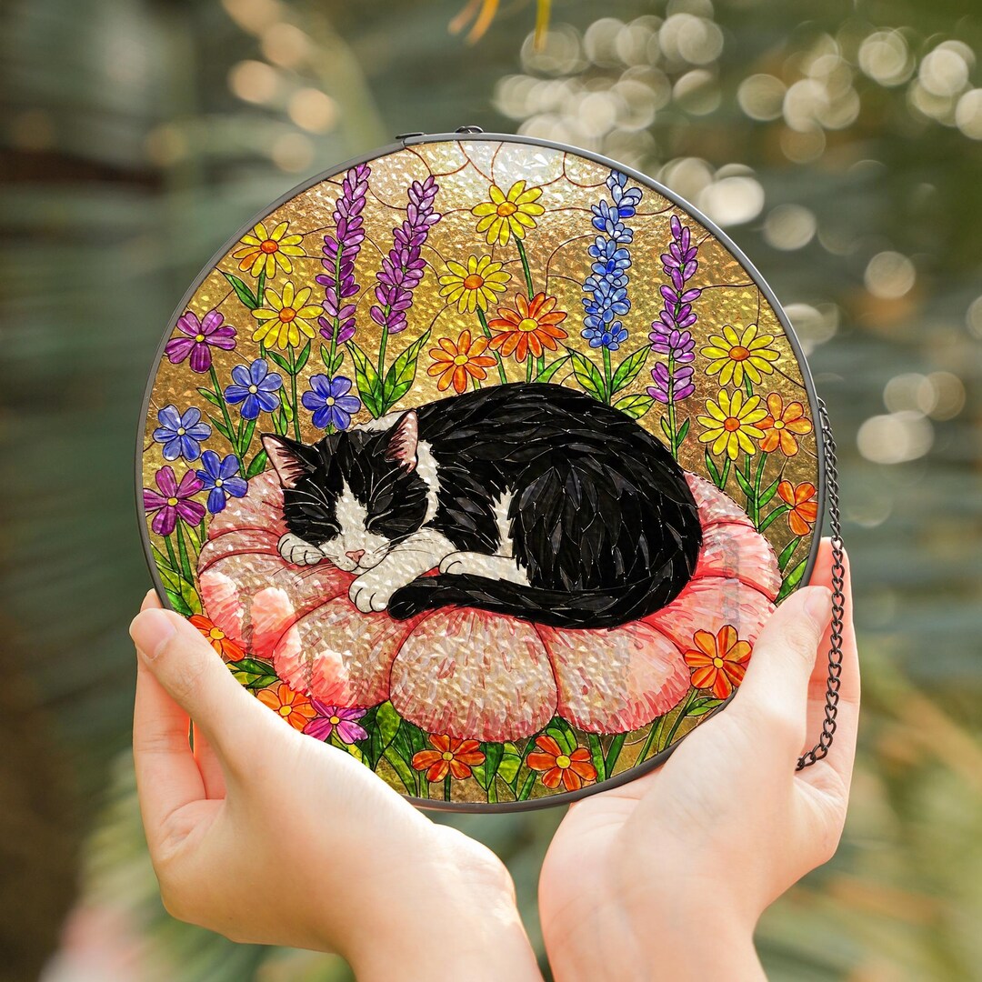 Tuxedo Cat Stained Glass Suncatcher, Sleeping Cat Window Decor, Cat ...