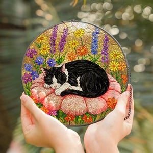 Tuxedo Cat Stained Glass Suncatcher, Sleeping Cat Window Decor, Cat Lover Gift, Floral Glass Art Panel, Handmade Pet Memorial Gift