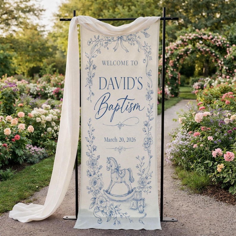 Personalized Baptism Welcome Sign, Blue Linen Christening Banner ...