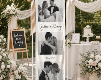 Personalized Wedding Linen Banner, Custom Photo Wedding Banner, Wedding Welcome Sign, Bridal Shower Decor, Photo Timeline Banner