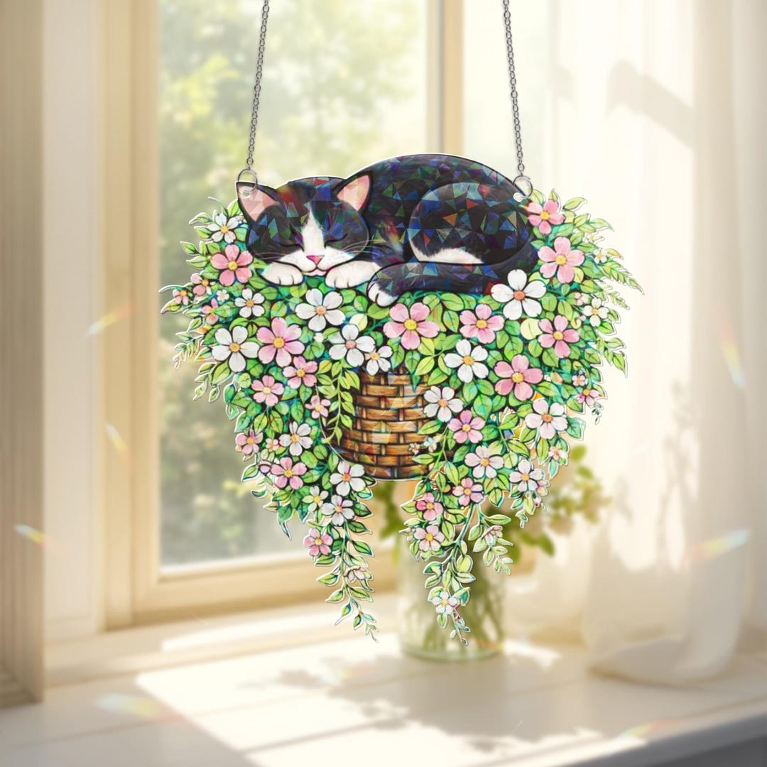 Tuxedo Cat Suncatcher, Floral Faux Stained Glass Window Hanging - Etsy