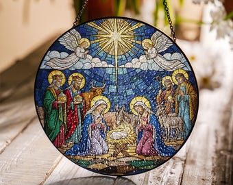 Nativity Scene Glass Suncatcher, Christian Home Decor