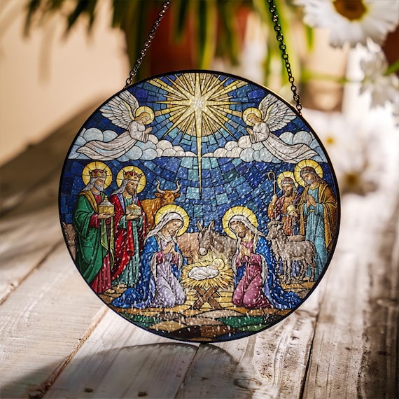 キリスト降誕シーンのガラス製サンキャッチャー、聖家族のステンド