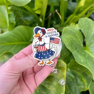 Red White and Goose Badge Reel - Funny Patriotic Duck ID Clip, Cute 4th of July Accessory for Nurses, Teachers, or Coworkers, Summer Gift