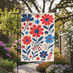 Patriotic Floral Garden Flag – Red White Blue Flowers & Fireworks Yard Decor – 4th of July Outdoor Flag – Summer Welcome Sign
