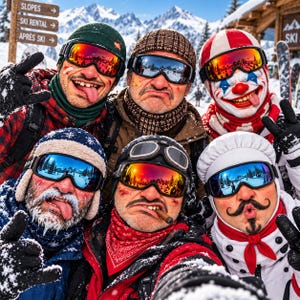 May include: A group of six individuals wearing winter gear, including ski goggles, hats, and scarves, posing in a snowy mountain setting. The group features varied headwear, including a clown mask, a chef hat, and knit caps, with some faces showing frost or makeup.