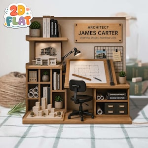 Puede incluir: Un diorama de oficina de arquitecto en miniatura de madera con una mesa de dibujo, una silla negra, estantes con libros, planos enrollados, un modelo de edificio pequeño y un letrero que dice ARCHITECT JAMES CARTER CRAFTING SPACES, INSPIRING LIVES.