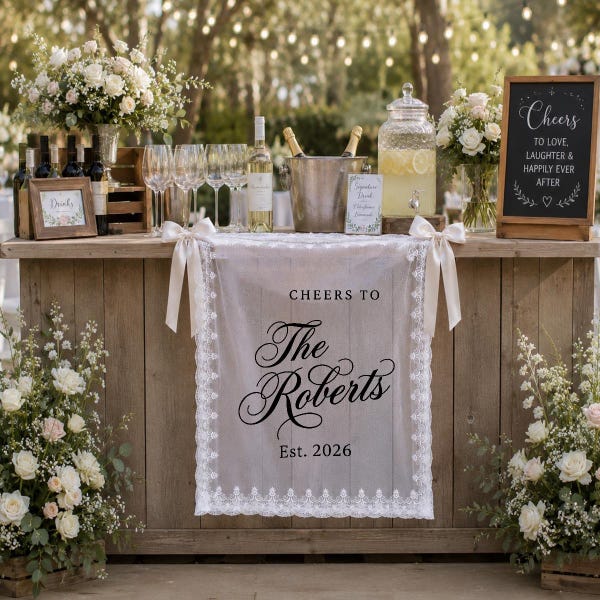 Cheers To The Roberts Lace Bar Banner, Wedding Drink Station Decor, Custom Wedding Reception Sign