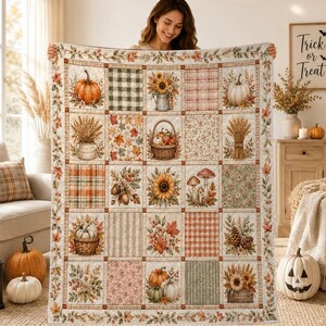 Coperta trapuntata autunnale, plaid patchwork con zucche autunnali, biancheria da letto rustica in stile fattoria, idea regalo per il Giorno del Ringraziamento.