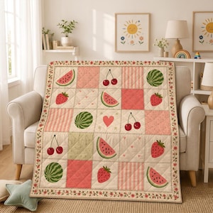 Summer Fruit Quilt Blanket, Watermelon Strawberry Cherry Throw, Cottagecore Patchwork Blanket, Cute Fruit Quilt