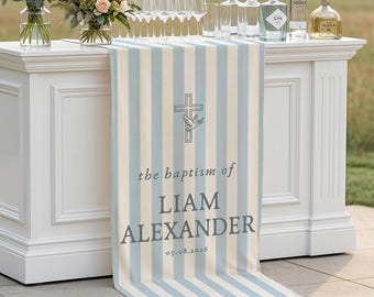 Custom Baptism Linen Bar Sign, Blue Stripe Christening Banner, Personalized Event Decor