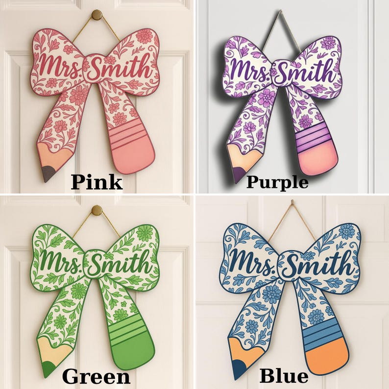 Chinoiserie Teacher Door Sign, Personalized Pencil Bow Wooden Hanger, Custom Classroom Decor, Back to School Gift for Teacher, Class Sign