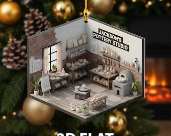 May include: A 2D flat Christmas ornament featuring a miniature pottery studio scene. The ornament showcases a brick wall, wooden tables filled with pottery, and the text "Jackson's Pottery Studio". The ornament is hanging from a gold string.