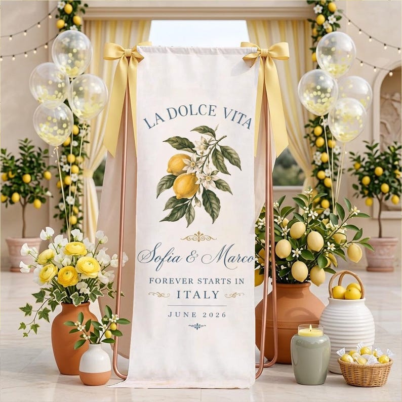 Italian Lemon Wedding Linen Sign, La Dolce Vita Banner, Amalfi Coast Wedding Decor, Personalized Welcome Sign, Citrus Bridal Shower