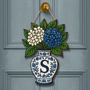 Hydrangea Chinoiserie Vase Monogram Door Hanger | Blue and White Floral Front Door Decor | Personalized Spring Summer Door Sign, Flower Gift