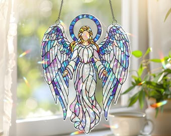 青い翼を持つ祈りの天使のステンドグラス - 手作りのスピリチュアルな