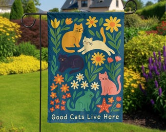 Good Cats Live Here」ガーデンフラッグとハウスフラッグ、カラフルな