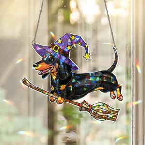 Holographic Halloween Dachshund Acrylic Decor, Witch Dog Window Decor, Flying Doxie Hanging, Cute Halloween Dog Gift, Fall Window Charm