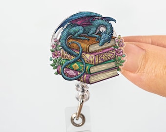 Fantasy Dragon Badge Reel, Book Lover ID Clip, Cute Dragon Name Tag Holder, Librarian, Teacher, Nurse Gift, Retractable Badge