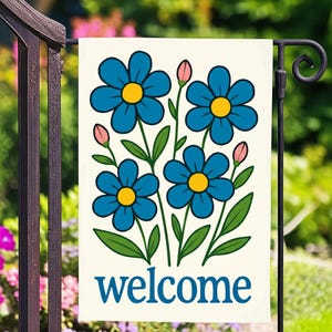 Willkommen Garten Flagge, Blaue Blume Yard Schild, Floral Outdoor Decor, Frühling Sommer Garten Banner, Cute Cottagecore Rasen Flagge