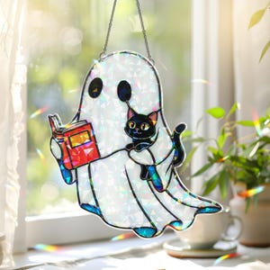 Ghost Reading Book With Black Cat Hologram Ornament, Cute Ghost Reads Book Window Hanging Decor, Book Lover Gift, Halloween Black Cat Decor