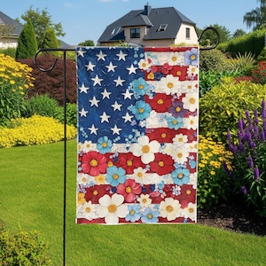 Floral American Flag Garden Flag – Patriotic Yard Decor – 4th of July Outdoor Decoration – Red White Blue Summer House Flag